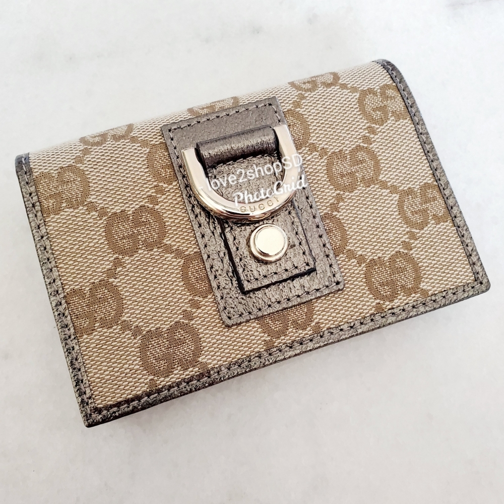 Gucci Abbey GG Monogram Card Case Wallet Brown Pewter NWT